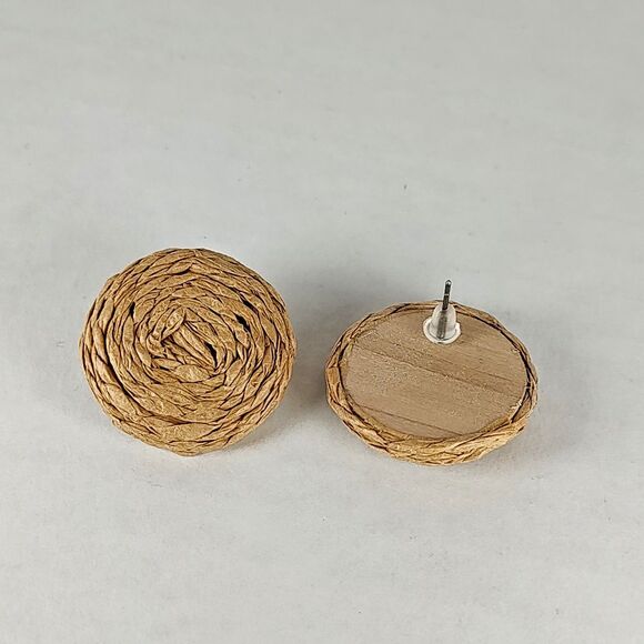 Artisan Coiled Raffia Stud Earrings Tan Beige Boho Lightweight Fashion Statement - Picture 2 of 13